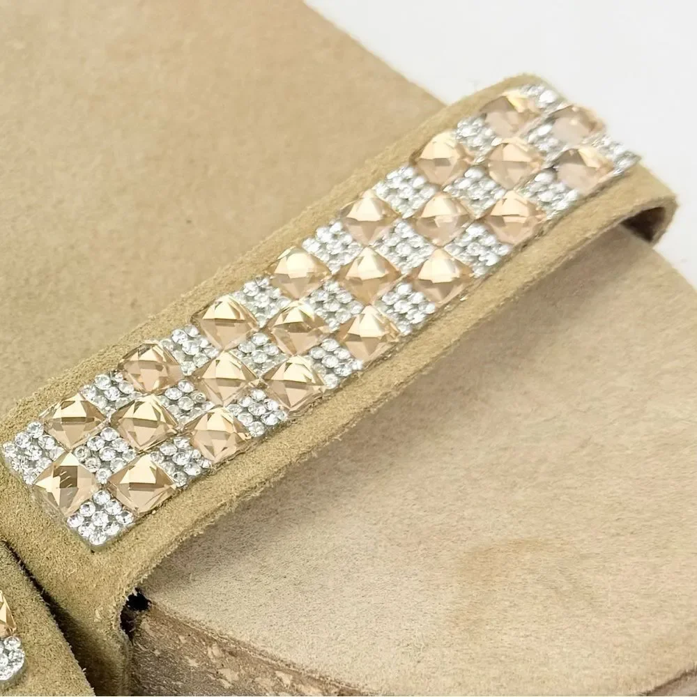 Antica Cuoieria Tan Suede Rhinestone Sparkle Open Toe Cork Wedge Sandals
